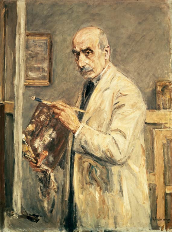 Maler im hellen Kittel hält Palette und Pinsel, im Profil vor dem Fensterrahmen – Max Liebermann Selbstbildnis Kunstkopie