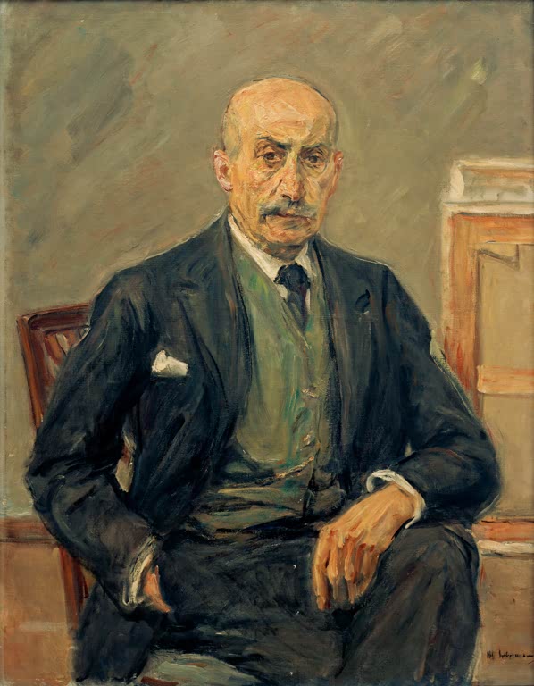 Sitzender Maler im dunklen Anzug mit grüner Weste vor einer Leinwand – Max Liebermann Selbstbildnis Kunstkopie