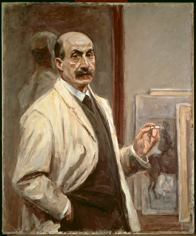 Maler im weißen Kittel mit Pinsel vor einer Leinwand, Selbstbildnis – Max Liebermann Selbstbildnis Kunstkopie