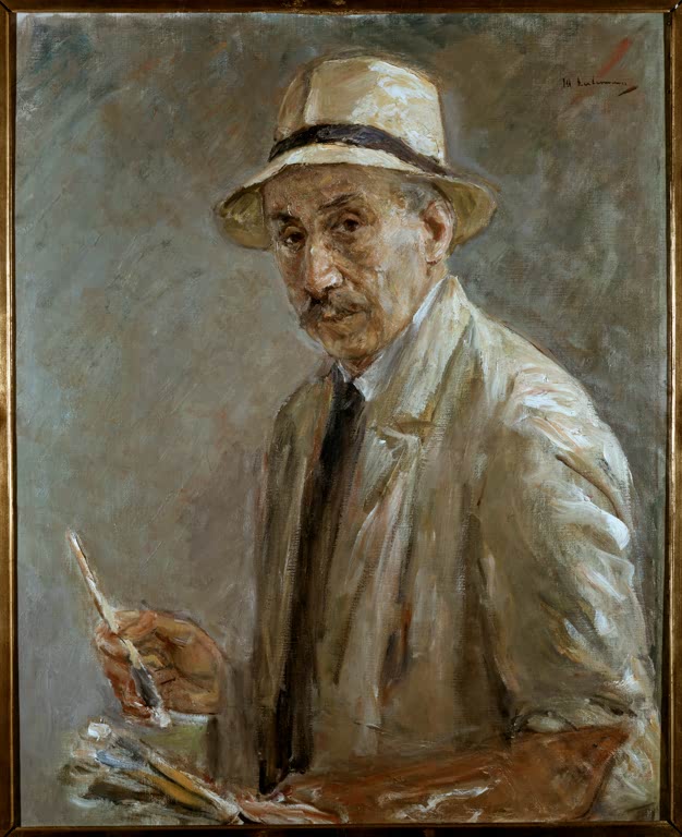 Maler mit hellem Hut hält Pinsel und Palette, Brustbild im Mantel – Max Liebermann Selbstbildnis Kunstkopie