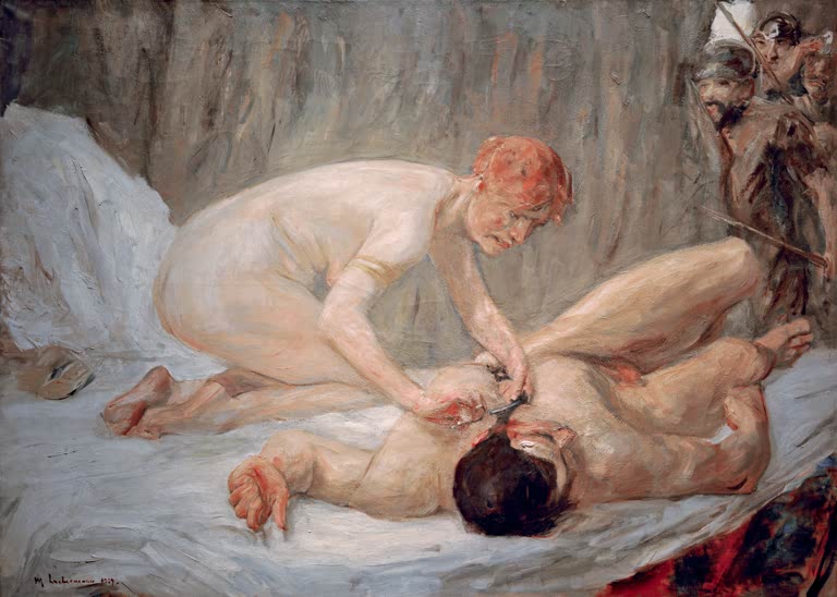 Frau beugt sich über den liegenden Mann auf weißem Laken – Max Liebermann Simson und Delila Kunstkopie