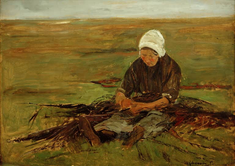 Frau mit weißer Haube sitzt auf einer Wiese und flickt Netze – Max Liebermann Sitzende Frau von vorne Kunstkopie