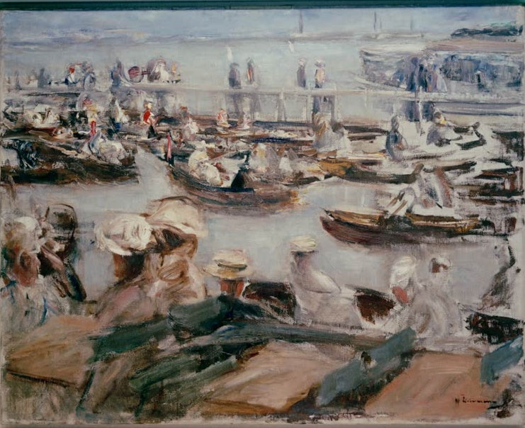 Ruderboote und Sommergäste mit hellen Hüten am Alsterufer – Max Liebermann Sommerabend an der Alster Kunstkopie