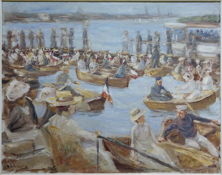 Ruderboote mit Gästen auf der Alster, links Cafétische – Max Liebermann Sommerabend an der Alster Kunstkopie