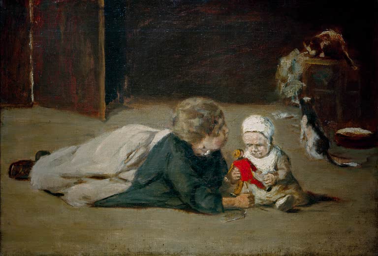 Kind liegt am Boden und spielt mit einem Baby und Puppe – Max Liebermann Spielende Kinder Studie Kunstkopie