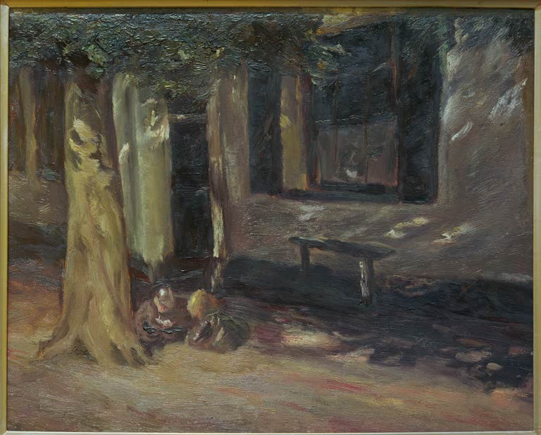 Kinder spielen im Schatten vor einem Haus mit Baum und Bank – Max Liebermann Spielende Kinder vor der Haustür Kunstkopie