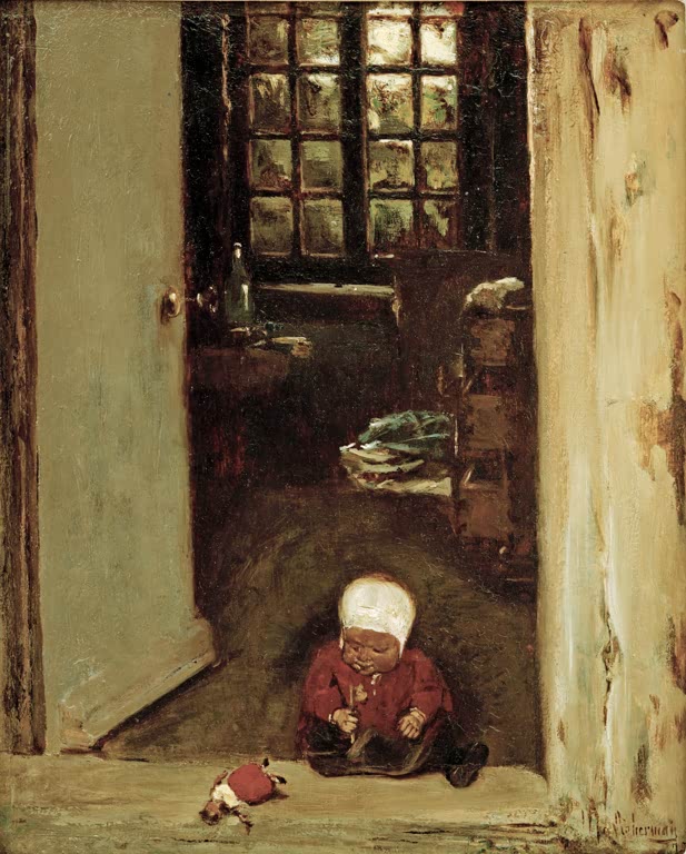 Kleinkind mit Haube sitzt auf der Schwelle einer offenen Tür – Max Liebermann Spielendes Kind in der Haustür Kunstkopie