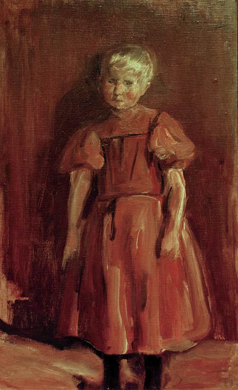 Stehendes Mädchen in rotem Kleid mit Puffärmeln vor dunklem Grund – Max Liebermann Stehendes Mädchen Kunstkopie