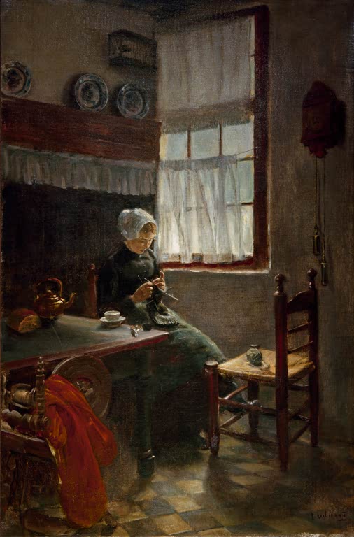 Frau am Fenster in holländischer Stube, nähend neben Spinnrad und rotem Tuch – Max Liebermann Stille Arbeit Kunstkopie