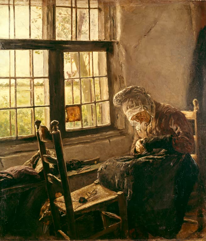 Alte Frau stopft am Sprossenfenster neben einem Binsenstuhl – Max Liebermann Stopfende alte Frau am Fenster Kunstkopie
