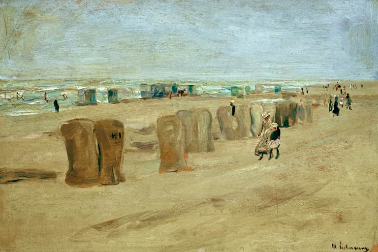 Breiter Strand mit Strandkörben und kleinen Figuren unter hellem Himmel – Max Liebermann Strandbild in Noordwijk Kunstkopie