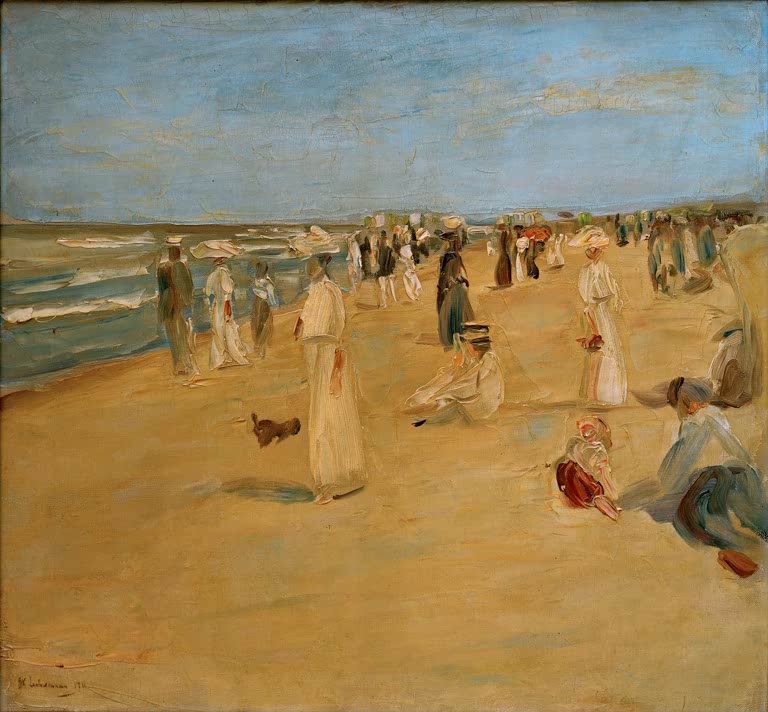 Spaziergänger und Kinder an einem breiten gelben Strand am Meer – Max Liebermann Strandbild Noordwijk Kunstkopie