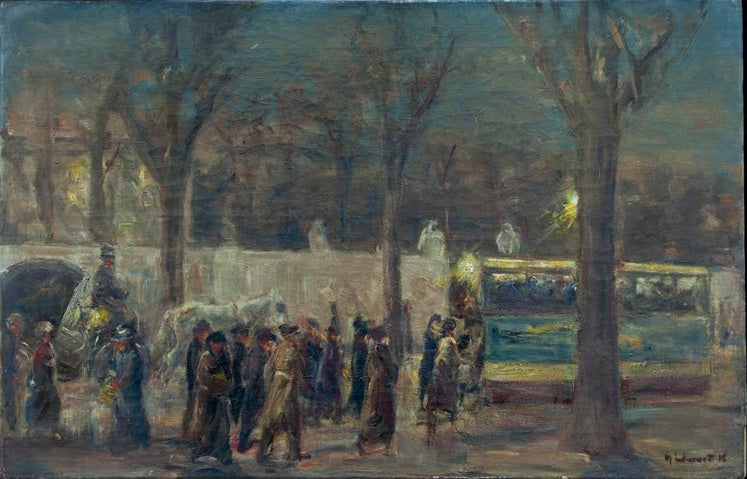 Max Liebermann Straßenszene am Brandenburger Tor Kunstkopie, abendliche Fußgänger und Droschke im blauen Dämmerlicht Berlins