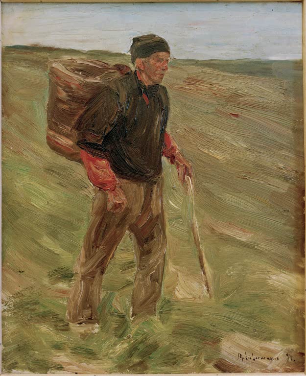 Bauer mit Kiepe auf dem Rücken geht über eine grüne Wiese – Max Liebermann Studie zum Bauern mit Kiepe Kunstkopie