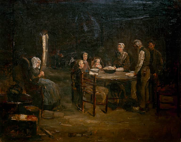 Dunkle Stube mit Familie am Tisch beim Tischgebet – Max Liebermann Studie zum Tischgebet Kunstkopie