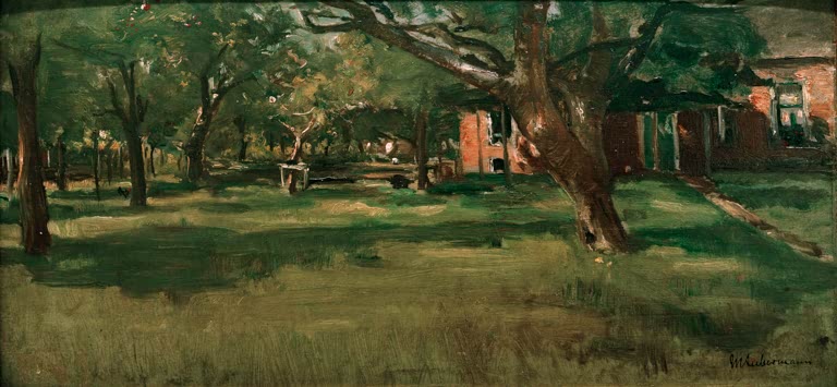 Obstbäume und Wiese vor rotem Haus in schmalem Querformat – Max Liebermann Studie zur Bleiche Kunstkopie