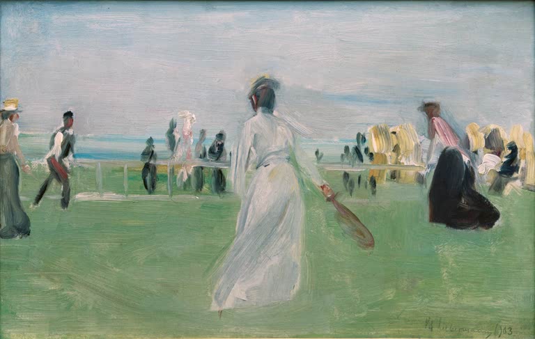 Max Liebermann Tennisspieler am Meer Kunstkopie, Frau in Weiß mit Schläger auf grünem Tennisplatz vor dem Meer