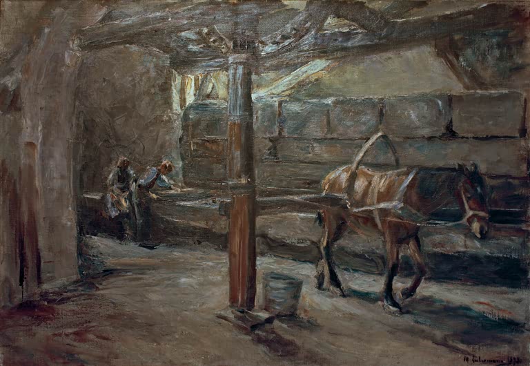 Max Liebermann Tuchwalke in Florenz Kunstkopie, Pferd in dunkler Werkhalle mit Arbeitern und Lichtfenster