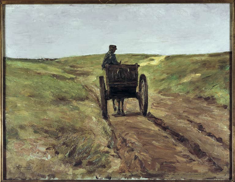 Zweirädriger Wagen mit Kutscher auf sandigem Weg durch Dünen – Max Liebermann Wagen in den Dünen bei Katwijk Kunstkopie
