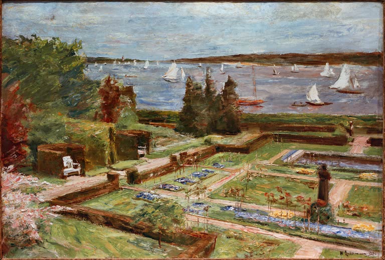 Gartenterrasse mit Blumenbeeten über dem See mit Segelbooten – Max Liebermann Wannseegarten der Familie Arnhold Kunstkopie