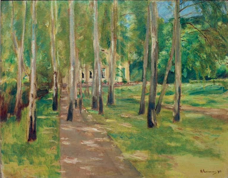 Birkenallee mit hellen Stämmen und sonnigem Gartenweg – Max Liebermann Wannseegarten mit Birkenallee Kunstkopie