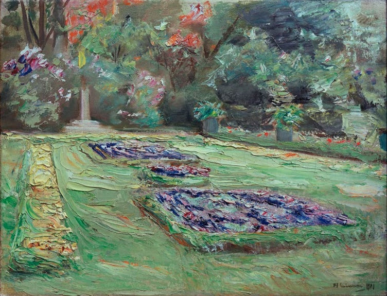 Rasenfläche mit blauvioletten Beeten und blühenden Büschen – Max Liebermann Wannseegarten Kunstkopie