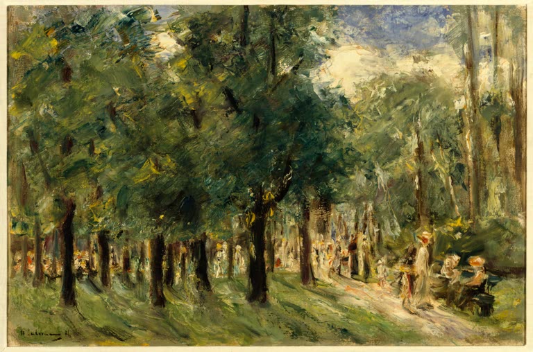 Spaziergänger und Kinder auf einem Weg durch eine sonnige Baumallee – Max Liebermann Weg im Tiergarten Kunstkopie