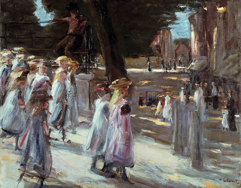 Mädchen in hellen Kleidern und Hüten ziehen durch sonnige Allee – Max Liebermann Weg zur Schule nach Edam Kunstkopie