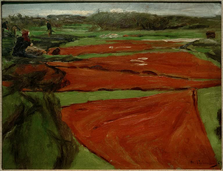Rote Netze auf grüner Wiese ausgebreitet, am Rand eine Frau – Max Liebermann Wiese mit ausgebreiteten Netzen Kunstkopie