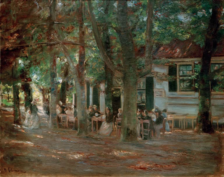 Gäste vor einem weißen Wirtshaus im Schatten hoher Bäume – Max Liebermann Wirtshaus in Overveen Kunstkopie