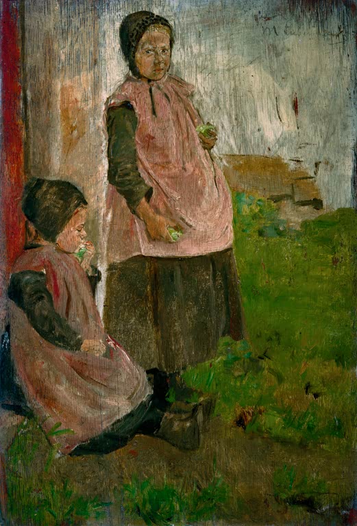 Zwei Mädchen in Schürzen essen Äpfel im Gras vor einer Hauswand – Max Liebermann Zwei Apfel essende Mädchen Kunstkopie
