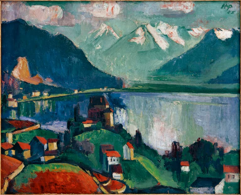 See mit Schloss und Dorf vor schneebedeckten Bergen – Max Pechstein Am Genfer See Kunstkopie