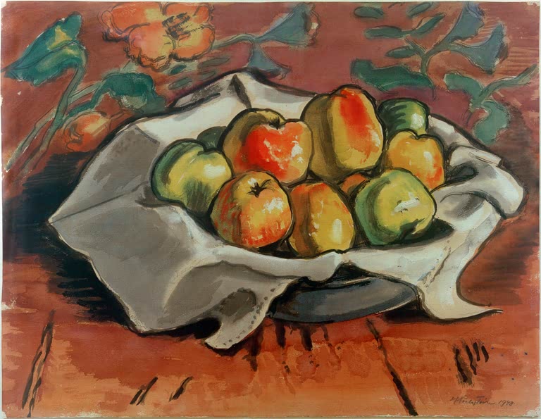 Äpfel in einer Schale auf weißem Tuch vor rot gemustertem Grund – Max Pechstein Apfelstillleben Kunstkopie