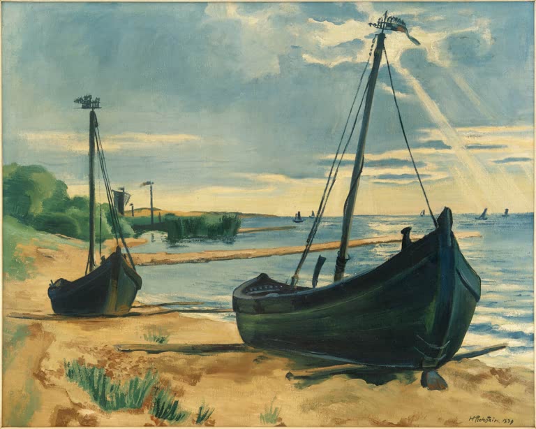 Zwei dunkle Fischerkähne am Sandstrand, Sonnenstrahlen über dem Wasser – Max Pechstein Aufgezogene Keitelkähne Kunstkopie