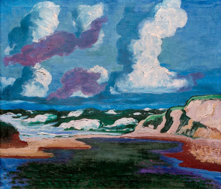 Küste mit hellen Felsen, Dünen und Wolken in Weiß und Violett – Max Pechstein Aufkommender Sturm Kunstkopie