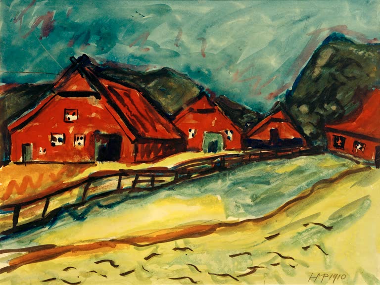 Rote Bauernhäuser mit Reetdach und Zaun an einem gelben Weg – Max Pechstein Bauernhäuser in Dangast Kunstkopie