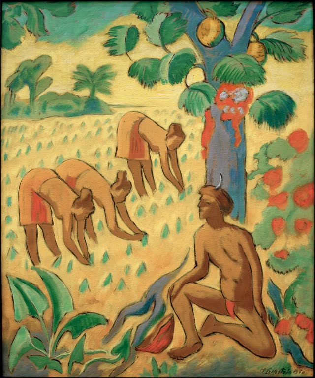Drei Männer pflanzen Taro auf einem Feld, ein Mann kniet – Max Pechstein Beim Taro-Pflanzen auf Palau Kunstkopie