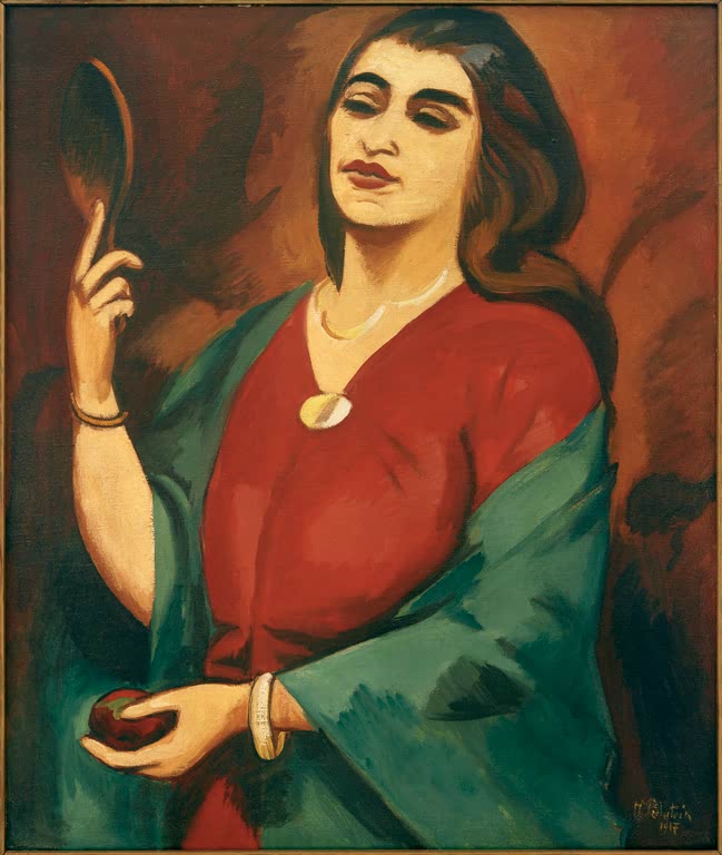 Frau mit langem Haar hält einen Handspiegel, roter Rock, grüner Umhang – Max Pechstein Bildnis in Rot und Grün Kunstkopie
