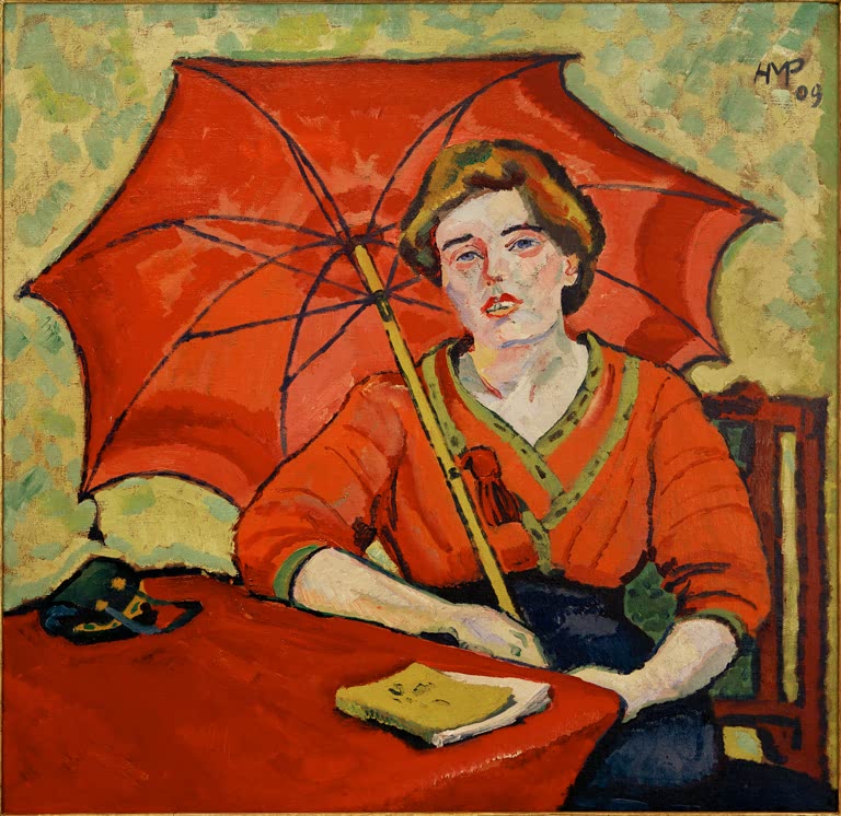 Frau unter einem großen roten Sonnenschirm an einem roten Tisch – Max Pechstein Bildnis in Rot Kunstkopie