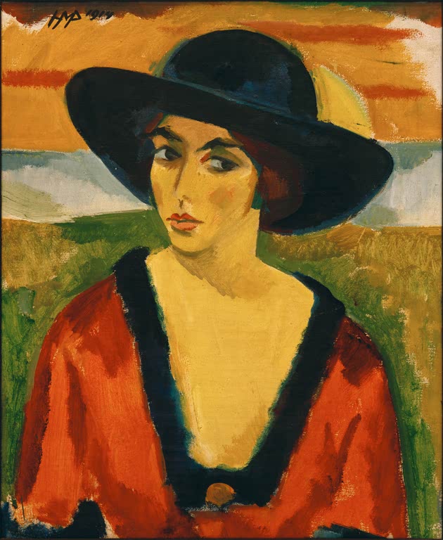 Frau mit großem schwarzem Hut und rotem Kleid vor Feld und Himmel – Max Pechstein Bildnis Luise Maas Kunstkopie