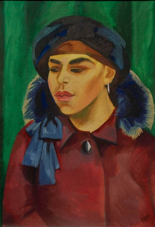 Frau mit Pelzkragen, Mütze und blauem Schal im roten Mantel vor grünem Vorhang – Max Pechstein Blaue Boa Kunstkopie