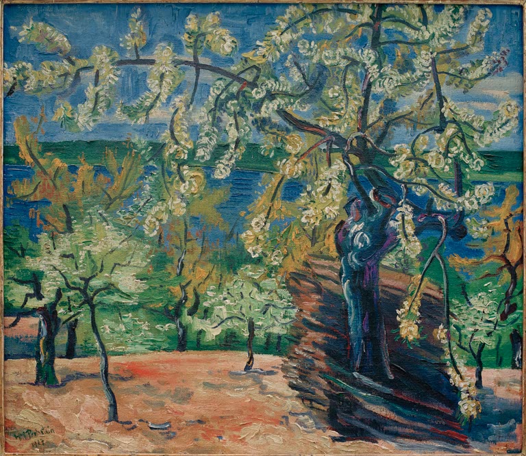 Weiß blühender Kirschbaum in einem Obstgarten mit Blick auf den See – Max Pechstein Blühender Kirschbaum Kunstkopie