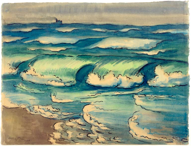 Türkisgrüne Brandungswellen am Sandstrand, ein Dampfer am Horizont – Max Pechstein Brandung Kunstkopie