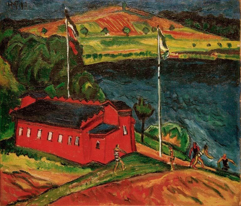 Rotes Badehaus am dunklen See mit Fahnenmasten und kleinen Badenden – Max Pechstein Das rote Badehaus Kunstkopie