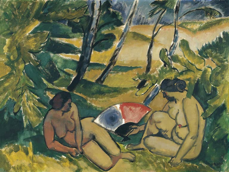 Zwei sitzende Akte mit einem Fächer im Wald – Max Pechstein Die Badenden Kunstkopie