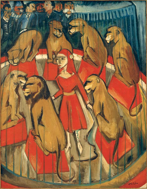 Dompteurin in Rot im Käfig zwischen Löwen vor Zuschauern – Max Pechstein Die Löwenbändigerin Kunstkopie
