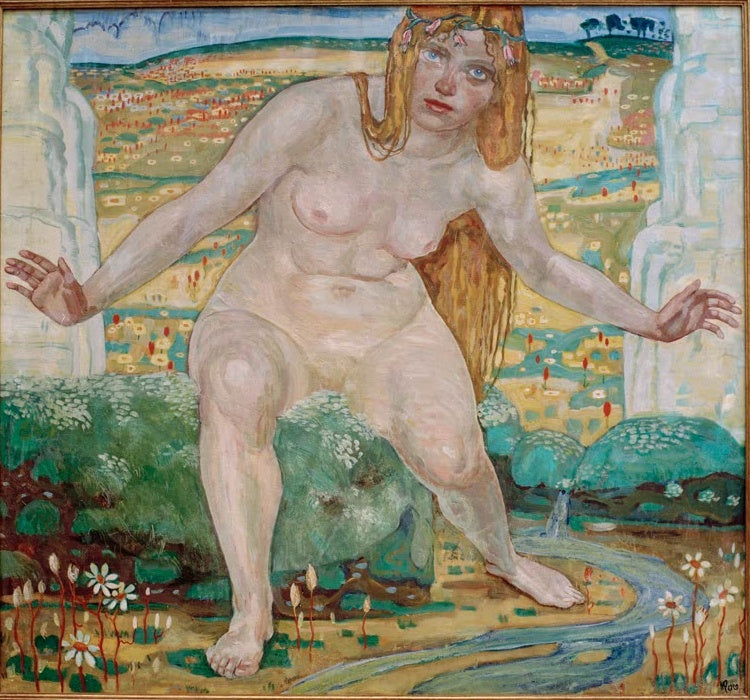 Große nackte Frau mit blondem Haar vor einer weiten Blumenlandschaft – Max Pechstein Die Quelle Kunstkopie