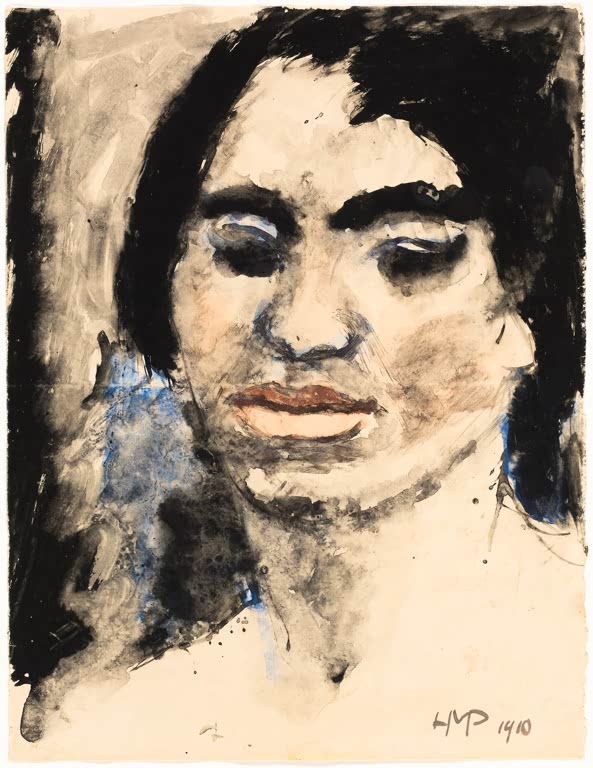 Gouache-Porträt einer Frau mit schwarzem Haar – Max Pechstein Die Schwiegermutter des Künstlers Kunstkopie