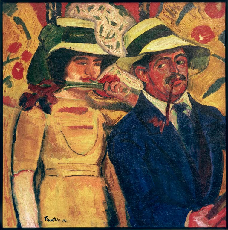 Mann mit Zigarre und Strohhut und Frau mit gelbem Kleid und Federhut – Max Pechstein Doppelbildnis Kunstkopie