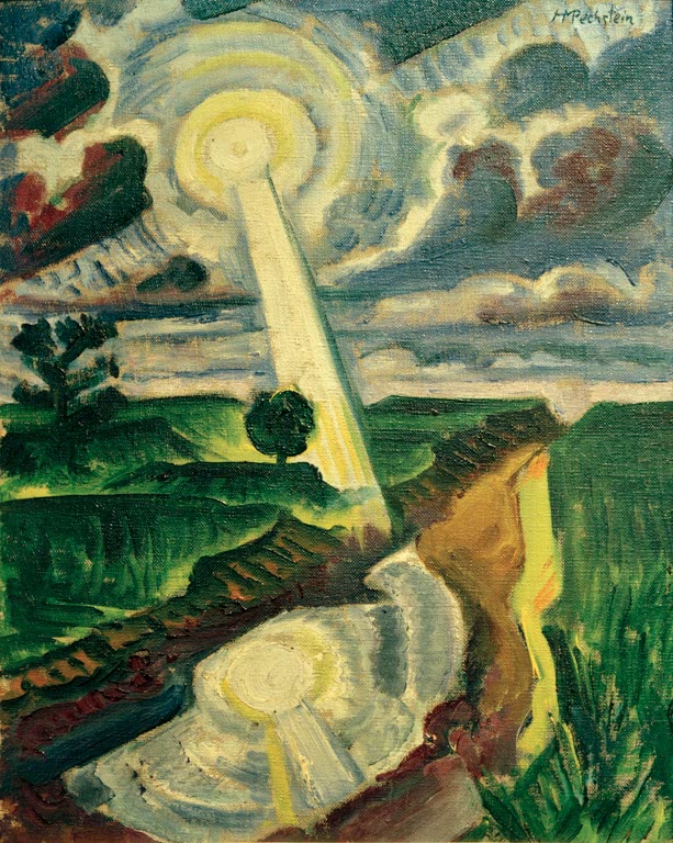 Sonnenstrahl bricht durch Wolken über Feldern und einem Weg – Max Pechstein Einfallendes Sonnenlicht Kunstkopie